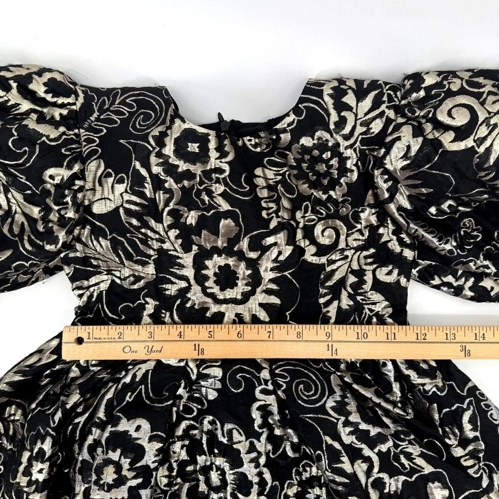 Girls Size 6 Dress Black Gold Silver Brocade Floral Puff Sleeve Holiday Party